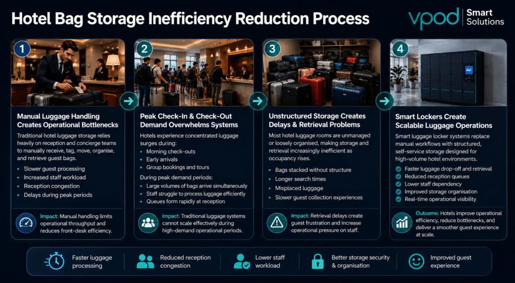 Infographic showing how smart luggage lockers help hotels reduce luggage storage bottlenecks and improve operational efficiency.