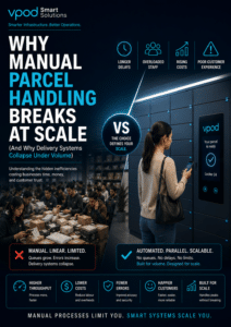 Guide explaining why manual parcel handling creates delivery bottlenecks, storage challenges, tracking issues, and operational inefficiencies as parcel volumes increase.