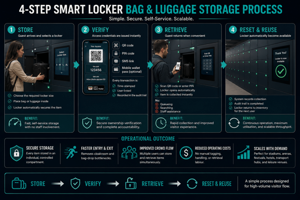 Four-step smart locker storage process showing secure item storage, visitor verification, self-service retrieval