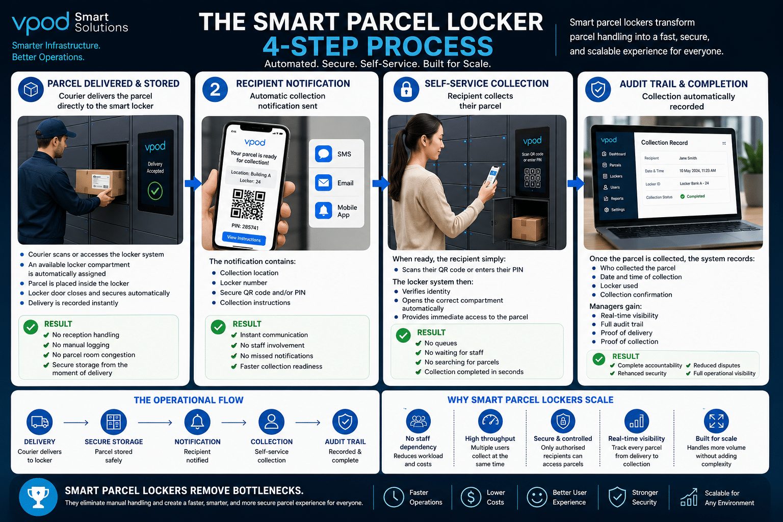 Four-step automated parcel handling process showing parcel delivery, recipient notification, self-service collection, and real-time parcel tracking using smart parcel lockers.