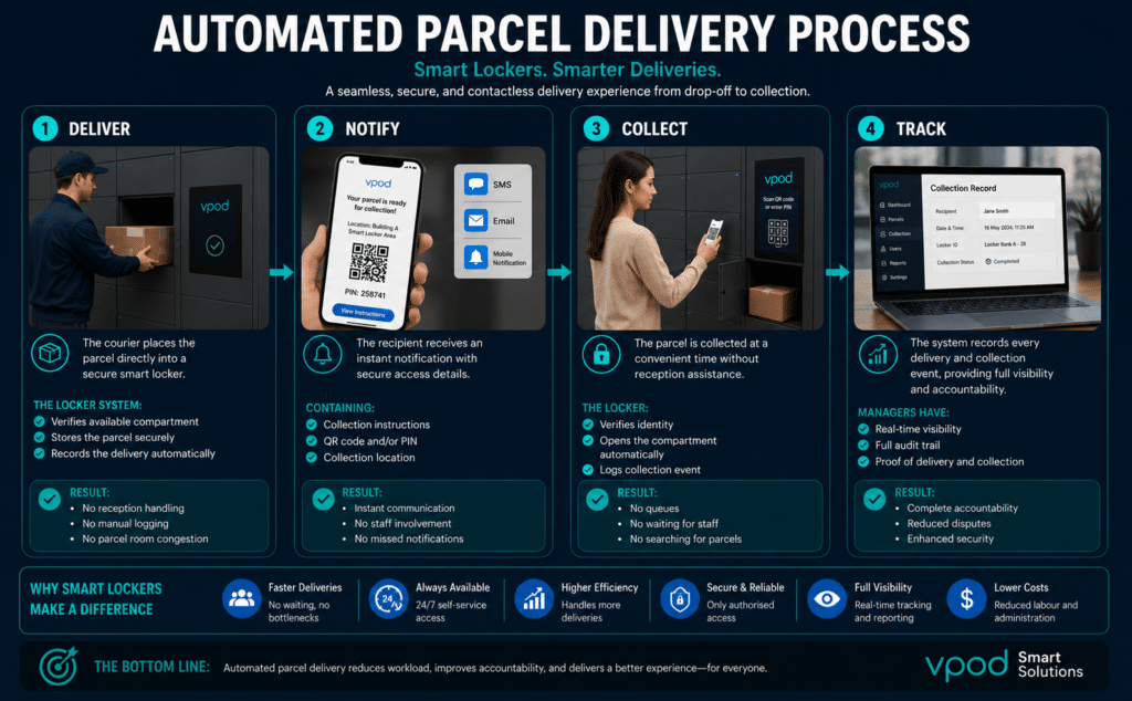 Smart lockers automate parcel delivery, reduce manual handling, and provide complete accountability from delivery to collection.