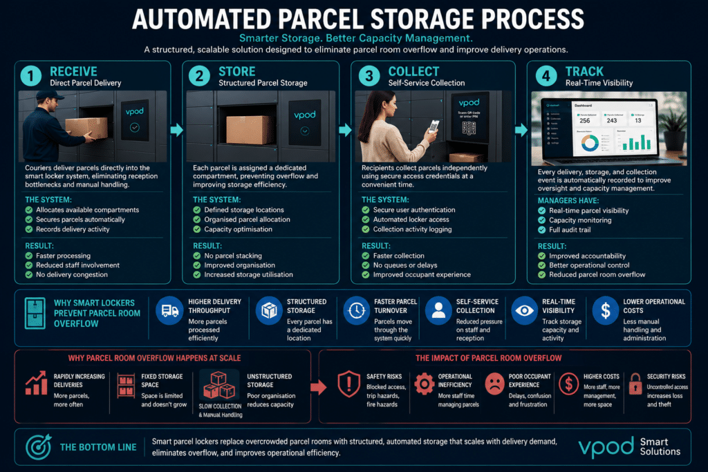 Parcel delivery workflow designed to reduce parcel room overflow scale issues through structured storage and efficient collection.