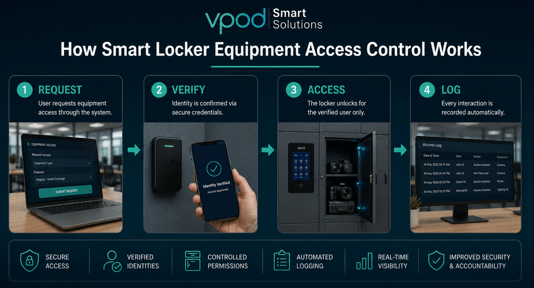 Equipment access control process using smart lockers with user verification, secure access and automated audit trails