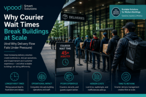 Courier waiting at a building reception as delivery volumes create bottlenecks and delays in parcel handling operations.