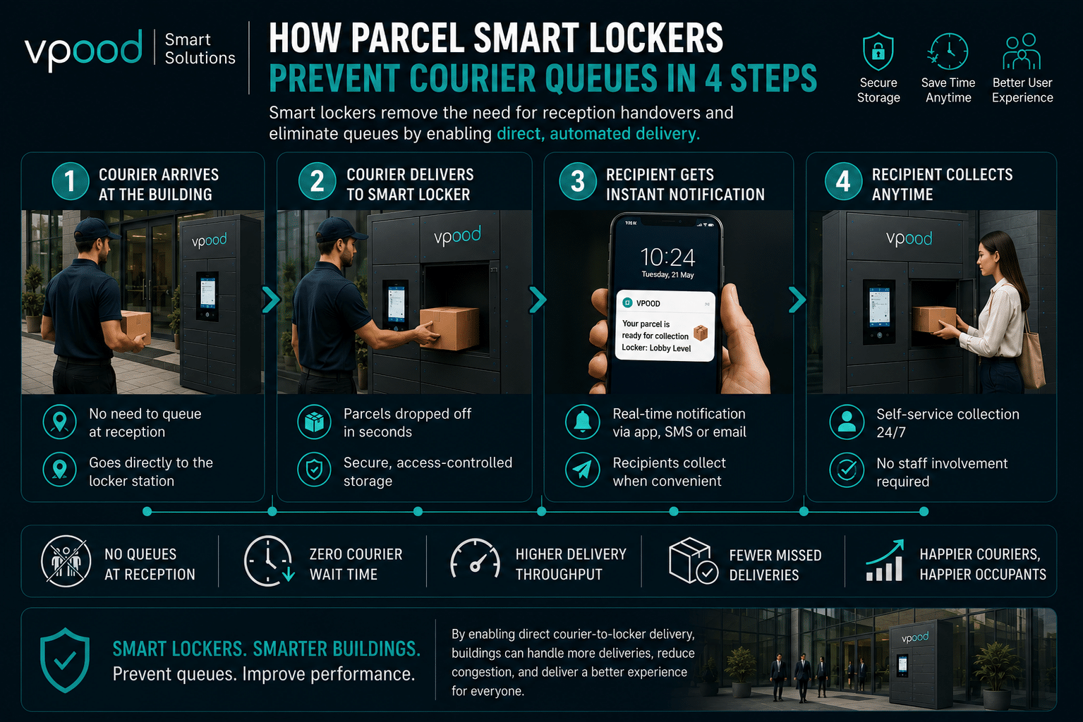 Four-step smart parcel locker process showing direct courier delivery, automated notifications, and self-service parcel collection.
