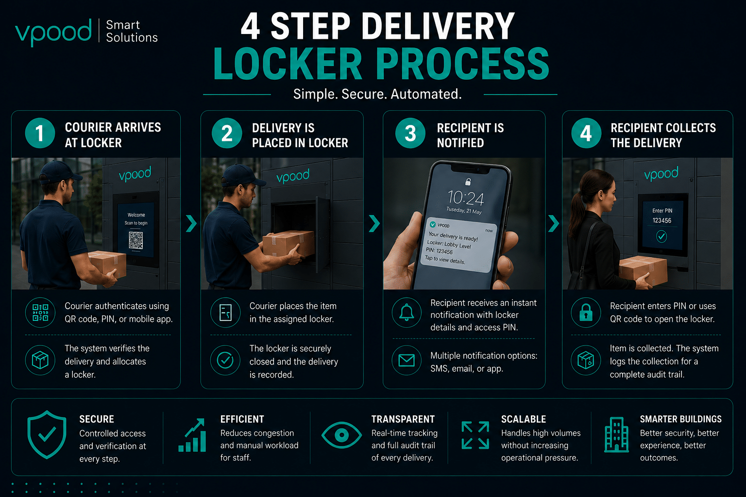 Four-step smart locker process improving delivery access control through secure verification, automated handovers, delivery tracking, and audit trails