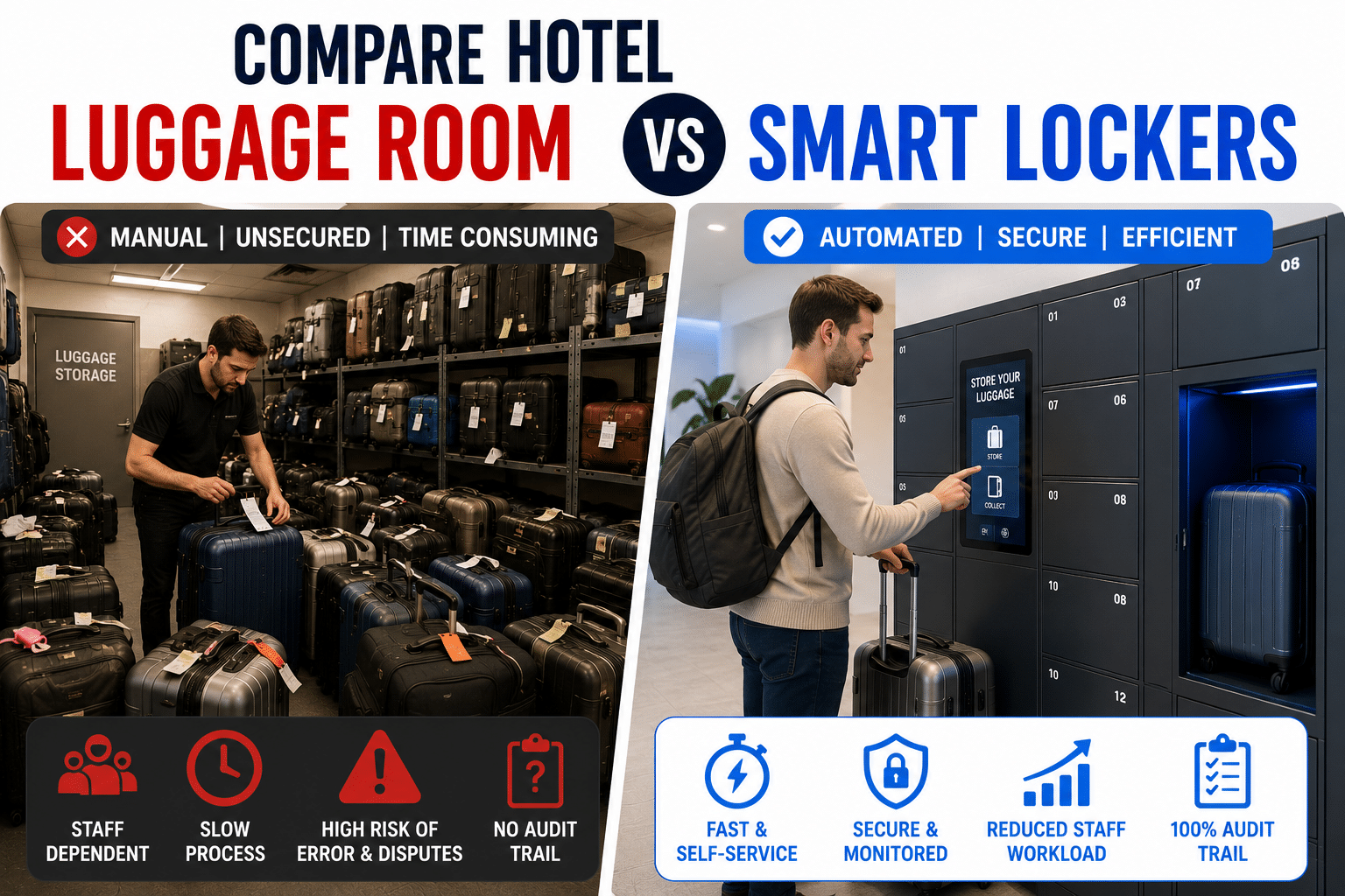 Compare hotel luggage room v smart luggage lockers