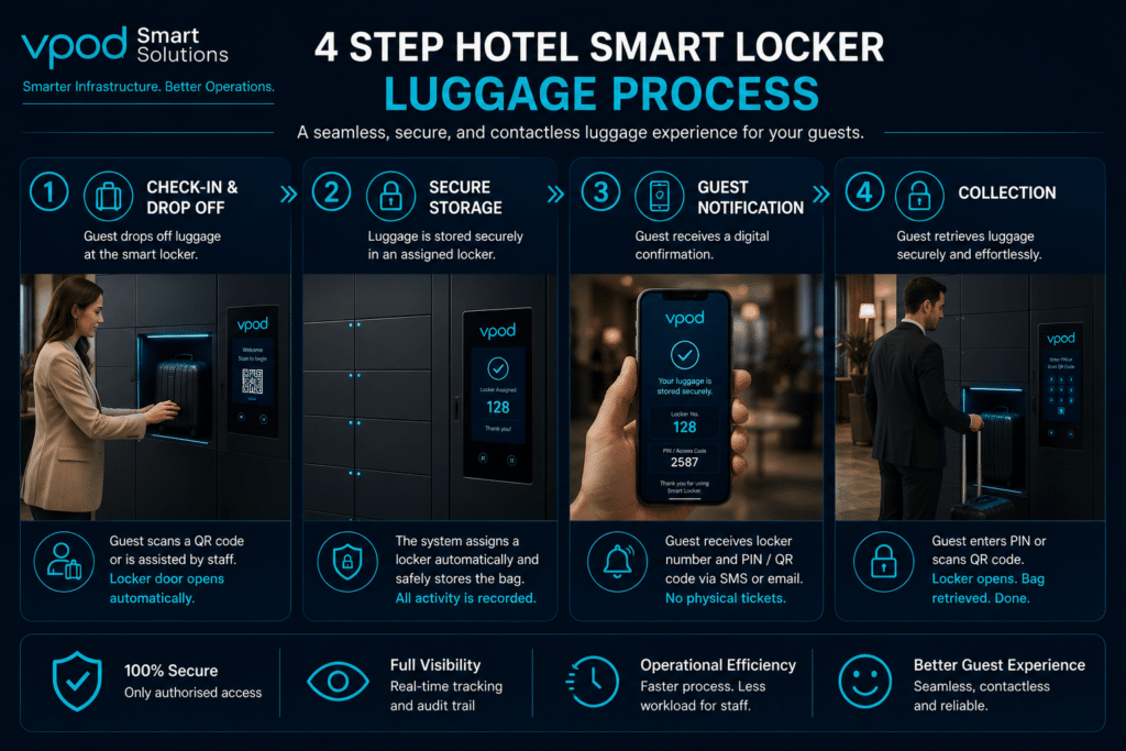 Four-step smart luggage locker process showing luggage drop-off, secure storage, guest notification, and luggage collection.