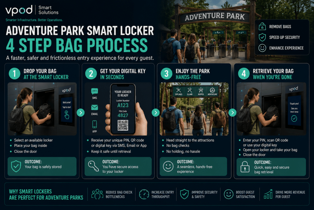 Theme park entry delays process showing pre-entry smart lockers, faster security screening, and improved visitor throughput.