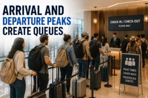 arrival and departure peaks create queues