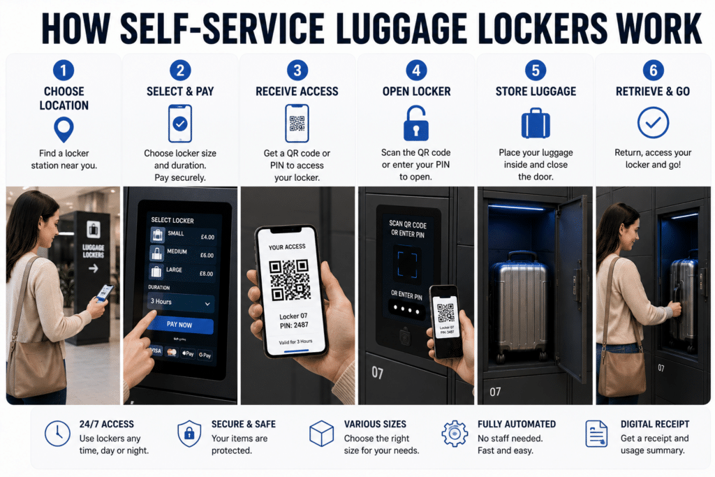 how self service smart luggage lockers work