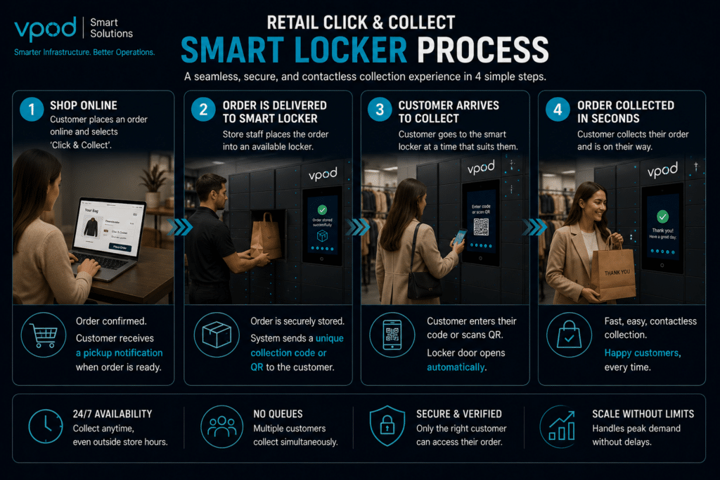 Retail click & collect process showing how smart lockers eliminate collection delays and queues.
