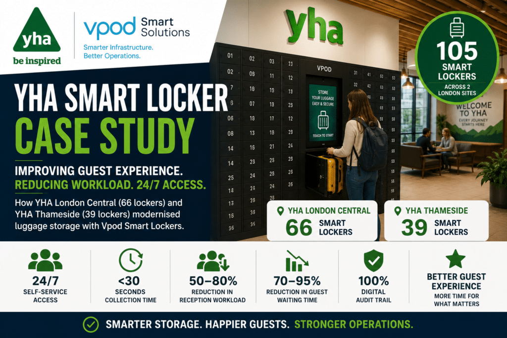 YHA smart locker case study showing 105 Vpod self-service luggage lockers across YHA London Central and YHA Thameside, delivering 24/7 guest access, faster collections, reduced reception workload and improved luggage storage operations.