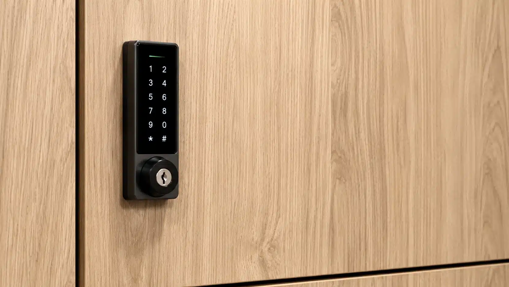 Close-up of a digital PIN lock fitted to a wooden gym locker