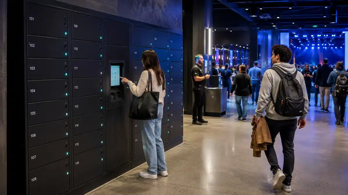 Visitors using conveniently positioned smart lockers in a busy venue with visible demand for secure personal storage.