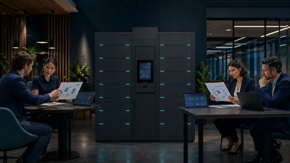 Comparison of GainShare and direct-purchase routes for deploying a connected Vpod smart locker service.