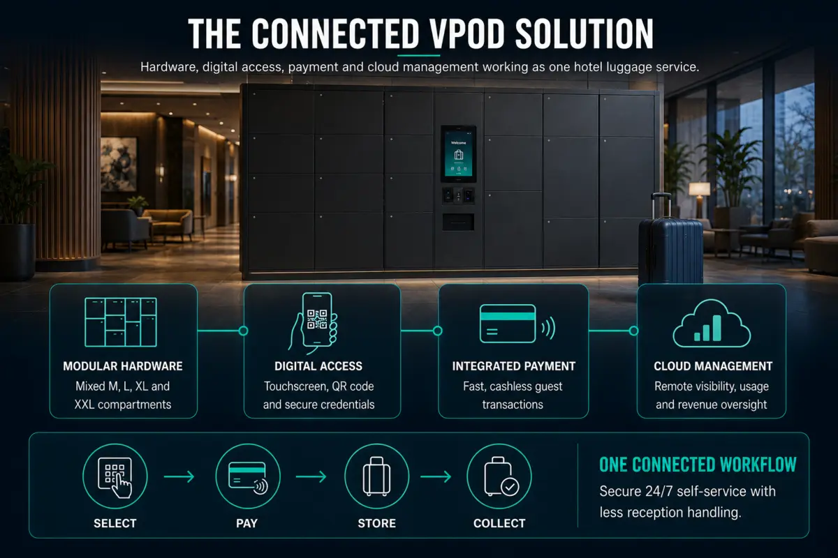 Connected Vpod hotel luggage locker solution combining modular hardware, digital access, cashless payment and cloud management