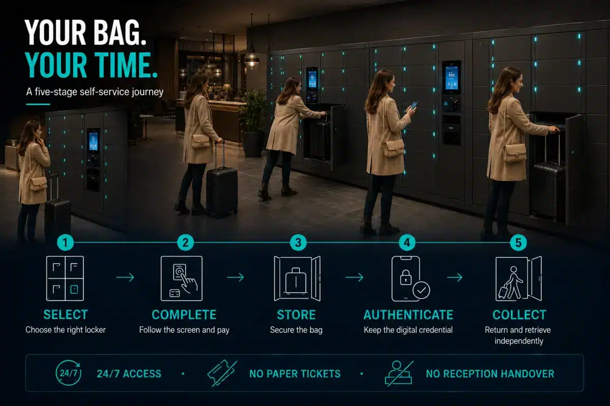 Five-stage hotel smart locker journey showing a guest select, pay for, store, authenticate and independently collect luggage