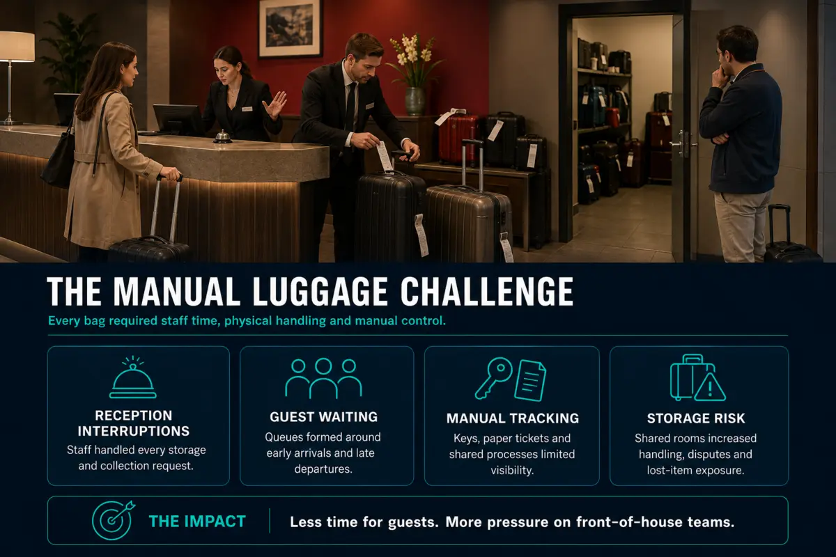 Manual hotel luggage handling at reception causing staff interruptions, guest waiting, paper-based tracking and shared-storage risks