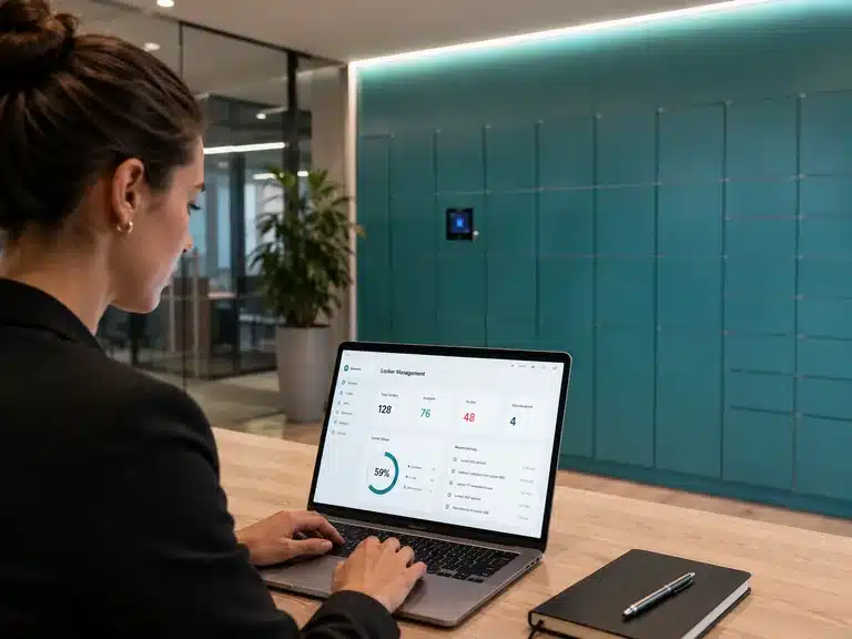 Woman reviewing a locker management dashboard on a laptop with the smart locker wall behind her.