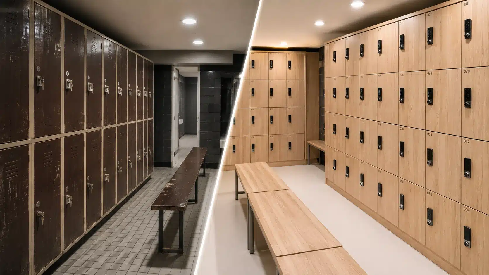 Old coin-operated gym lockers compared with modern wooden keyless smart lockers at Healthclub Jordaan