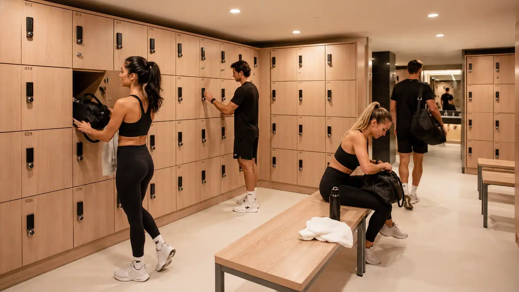 Healthclub Jordaan wooden smart lockers with keyless PIN access in a modern gym