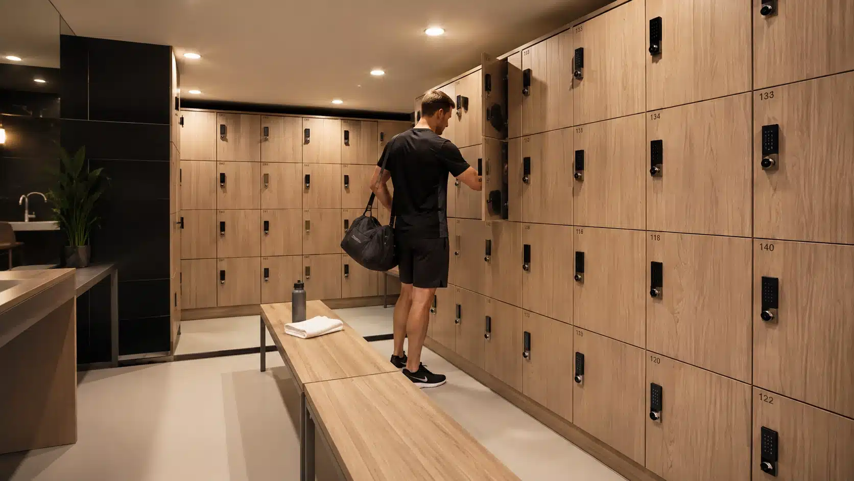 Healthclub members using wooden smart lockers in a modern gym changing room