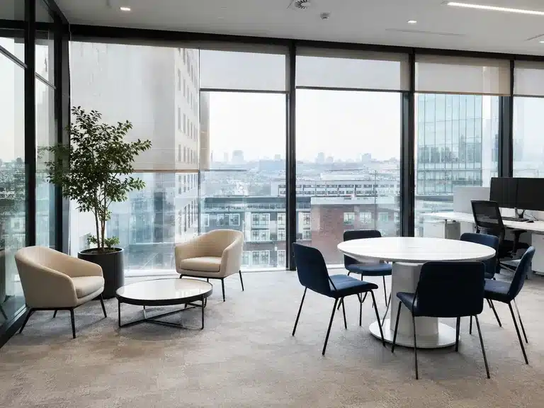 Bright Skyscanner office breakout area with lounge chairs, a round table and floor-to-ceiling windows.