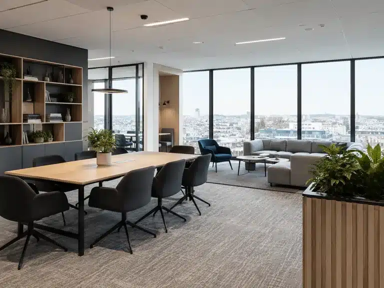 Modern Skyscanner collaboration space with a meeting table, lounge seating and city views.
