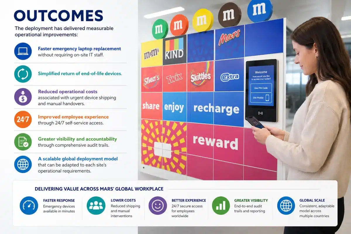 Smart locker outcomes including faster laptop replacement, lower IT costs, audit visibility and 24/7 employee access