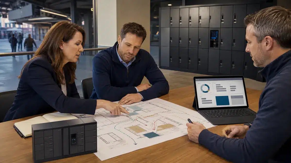 Venue and smart locker specialists reviewing site placement, visitor demand and operational responsibilities for a GainShare deployment.
