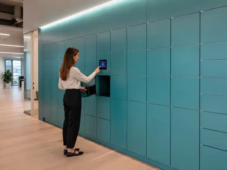 Woman using the touchscreen on a teal smart locker wall in the Skyscanner office.