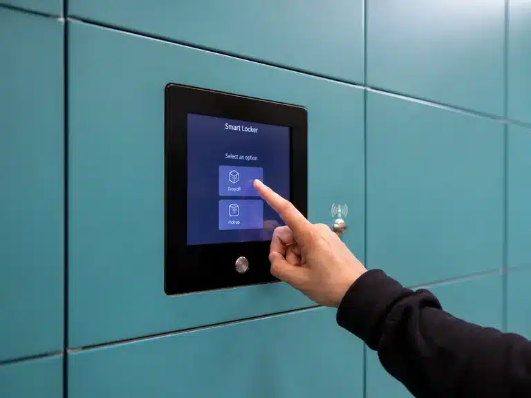 Close-up of a hand selecting the drop-off option on the smart locker touchscreen.