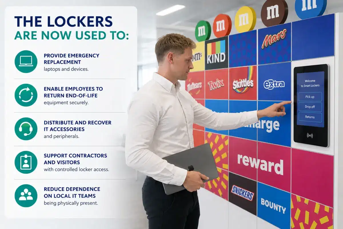 IT asset lockers used for emergency laptop replacement, equipment returns, accessories and contractor access