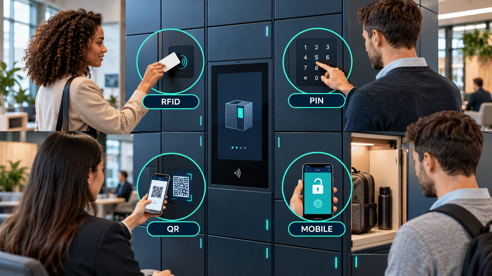 RFID, PIN, QR code and mobile smart locker access methods