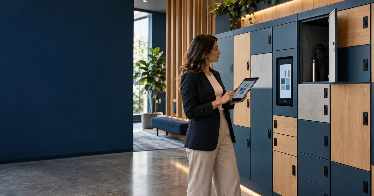 Facilities decision-maker evaluating smart-locker sizes, materials and digital configuration