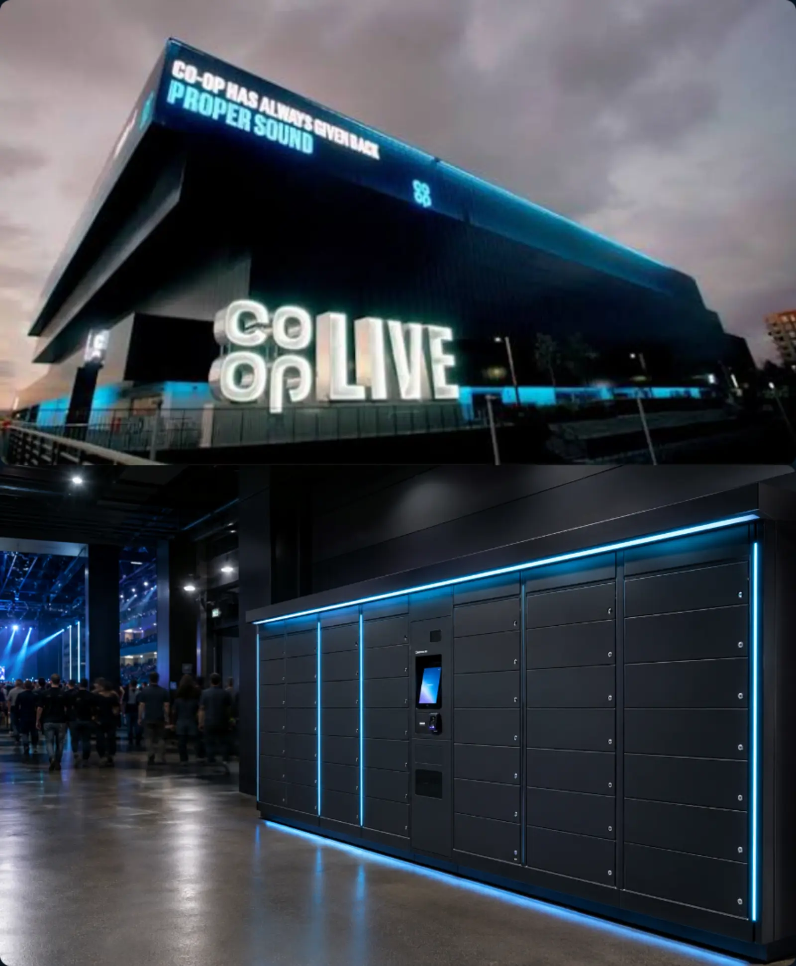 Co-op Live arena exterior above its installed smart locker bank