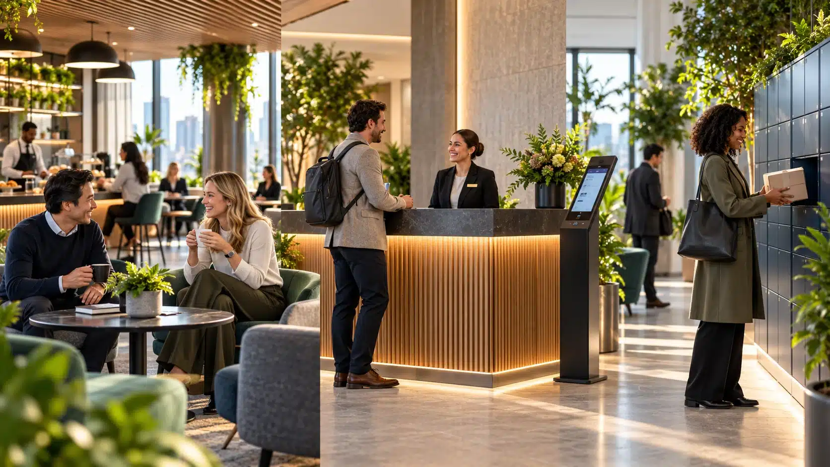Compass-style workplace hospitality environment combining lounge, reception and locker services