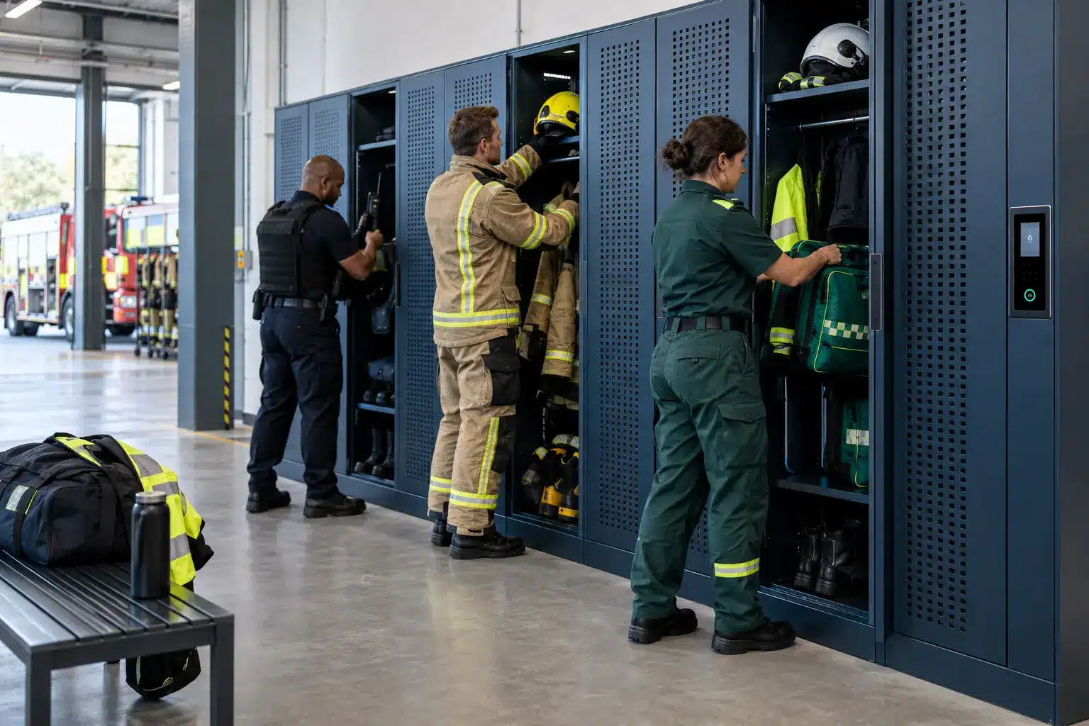 Police, fire and ambulance personnel using oversized smart equipment lockers in an emergency services station