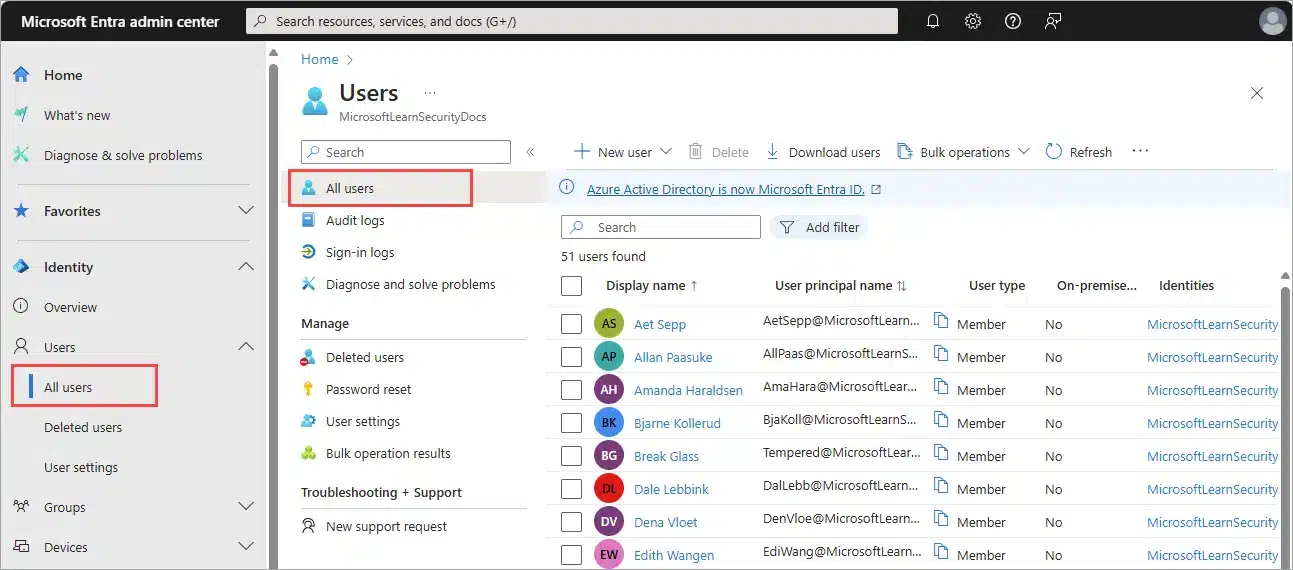 Microsoft Entra admin centre showing enterprise users