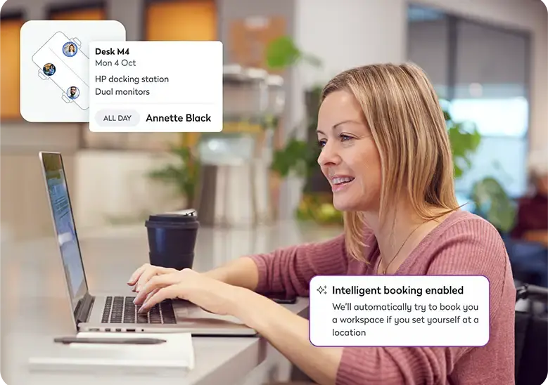 Eptura Engage desk booking experience showing an employee, reserved desk and intelligent booking prompt