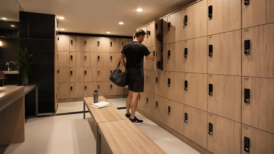 Healthclub Jordaan members beside Vpod keyless lockers