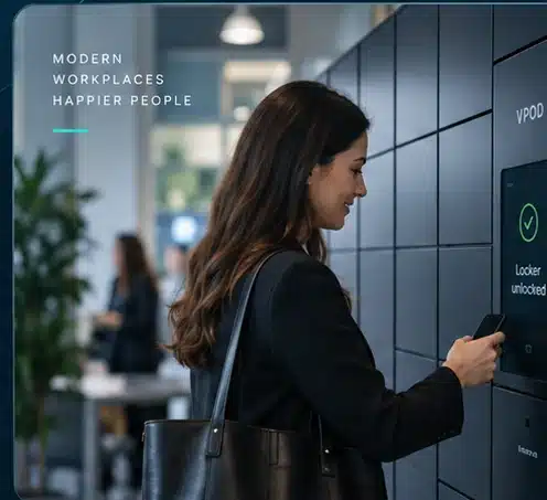 Employee using Vpod smart lockers in a modern workplace