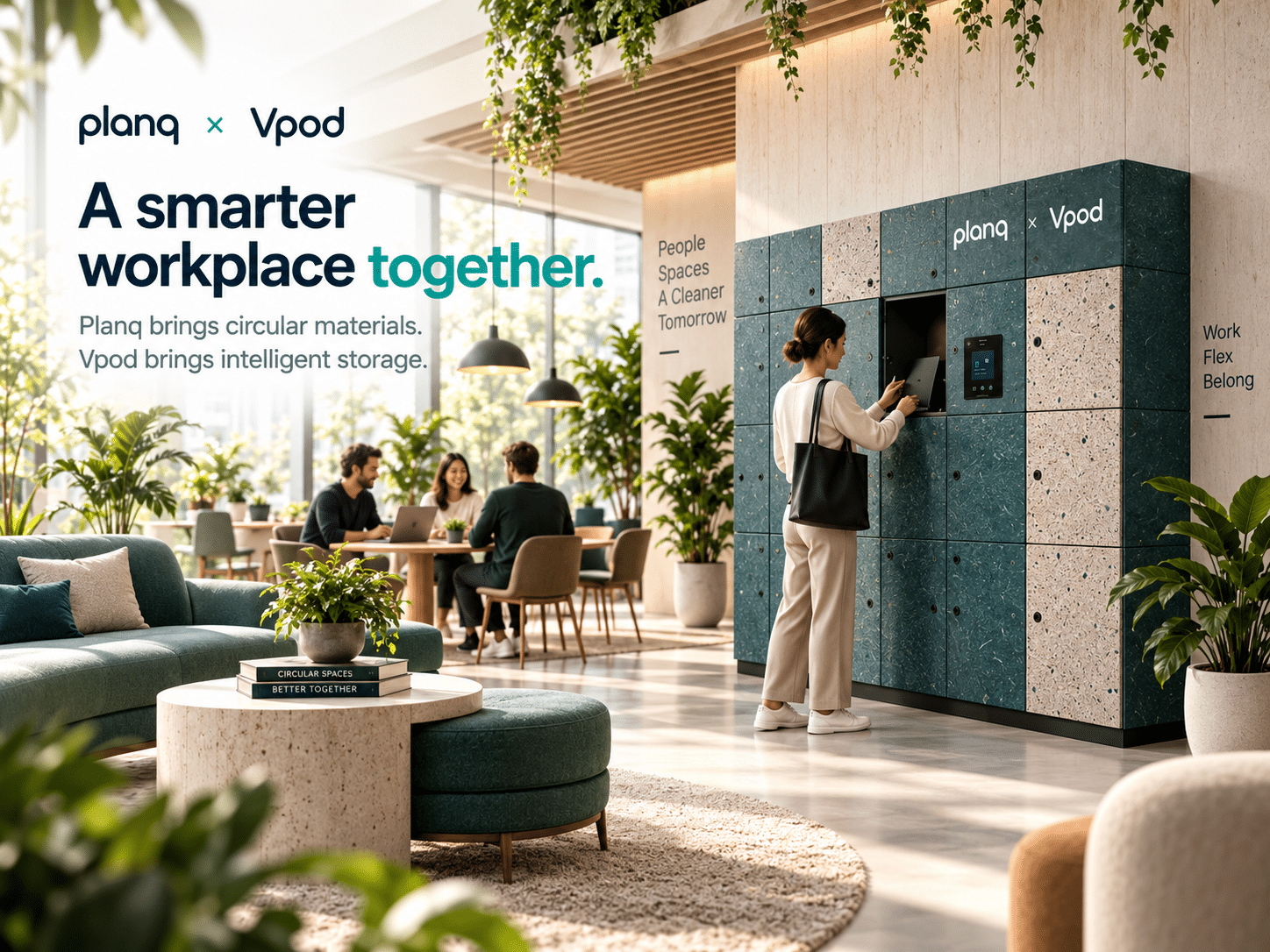 Planq and Vpod workplace with circular material smart lockers