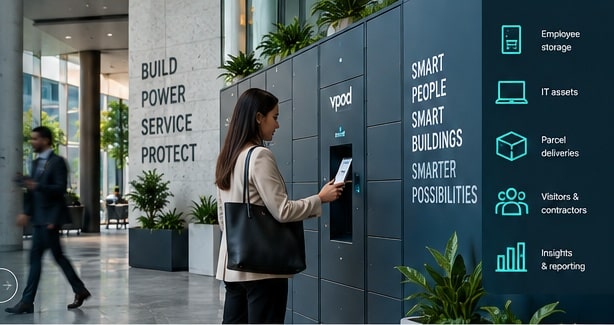 Employee using a Vpod smart locker wall in a modern workplace environment