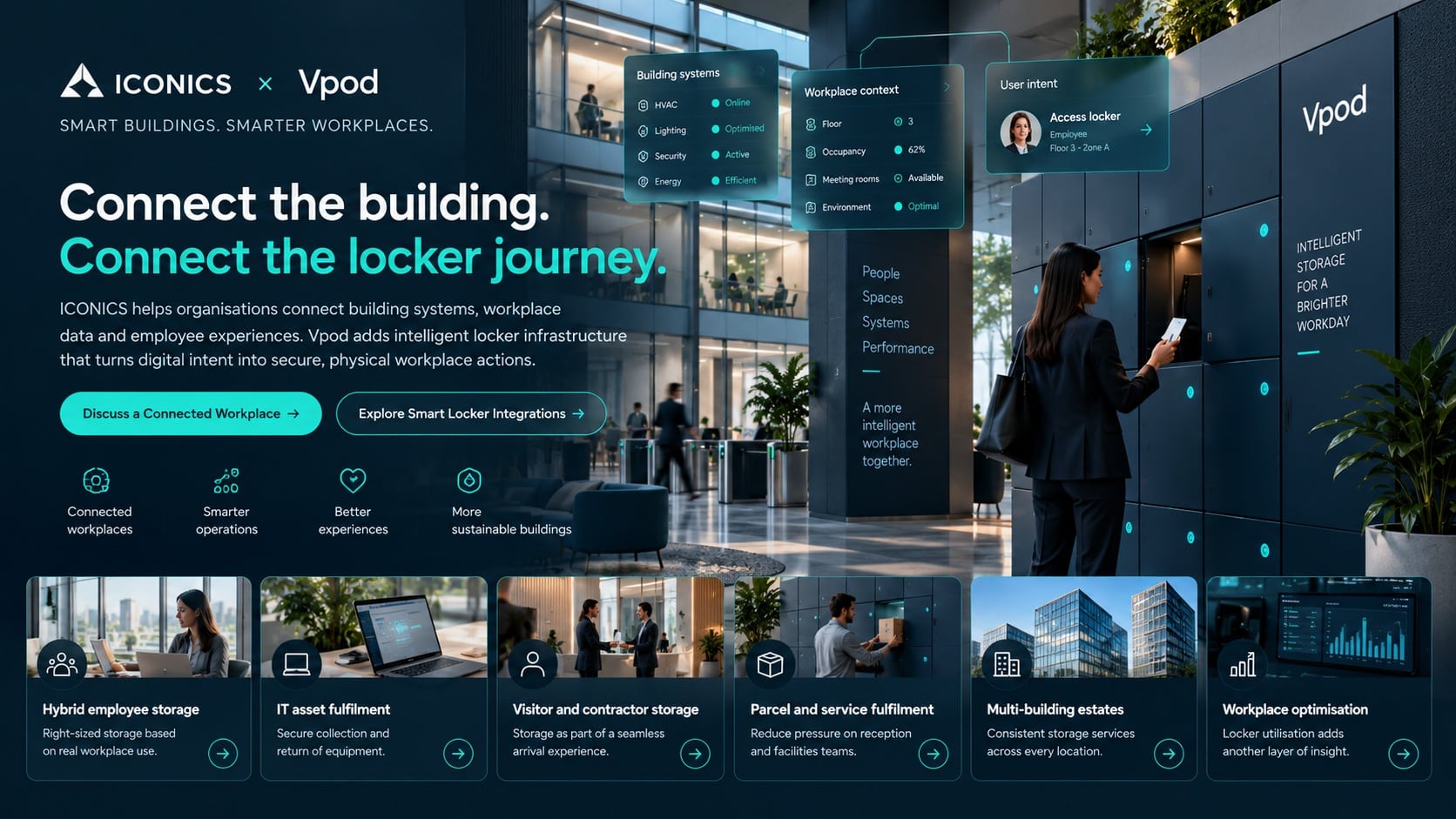 Premium connected workplace with smart lockers, building context and a digital user journey