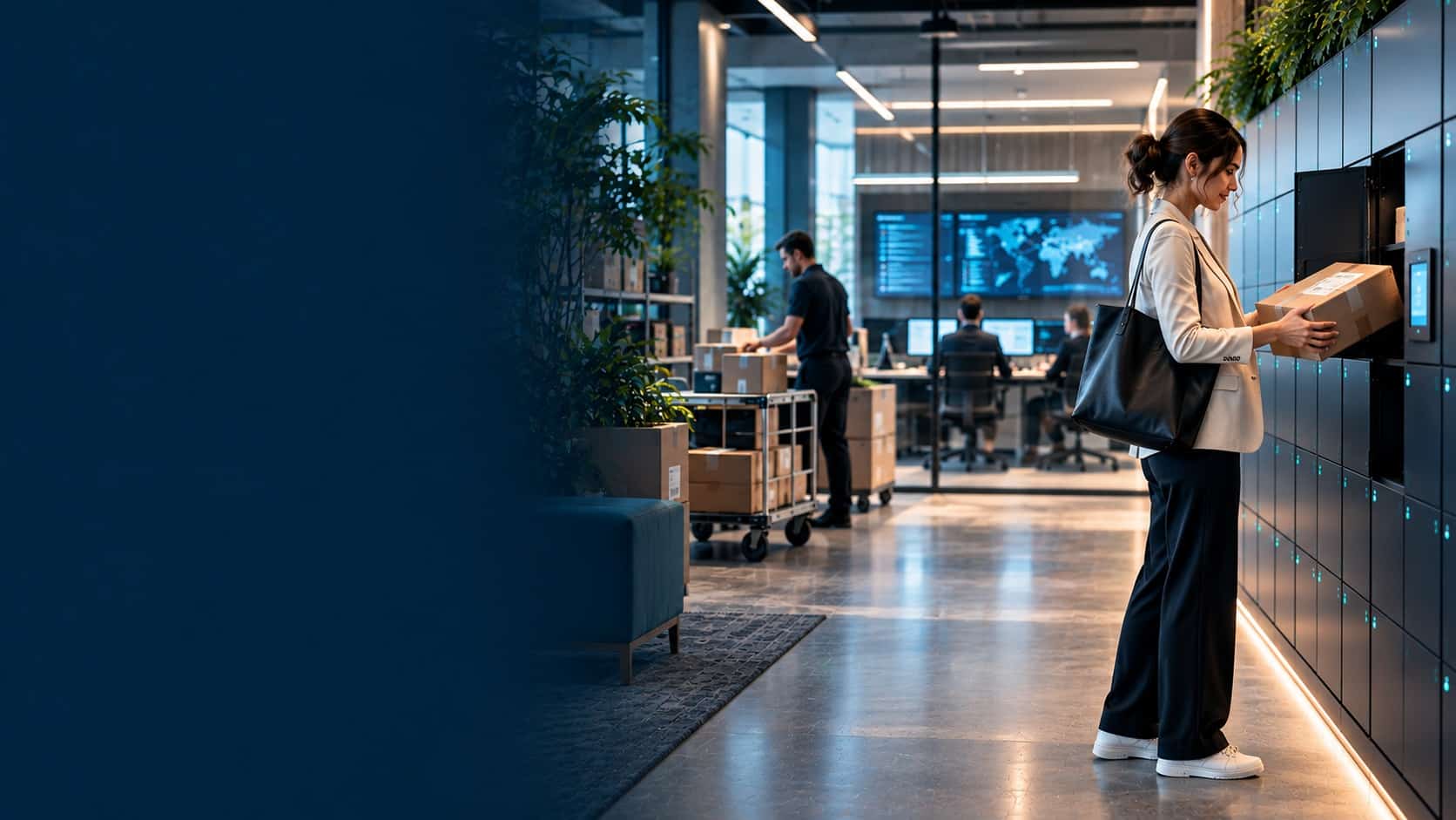 Modern retail logistics workplace with a user collecting a parcel from smart lockers