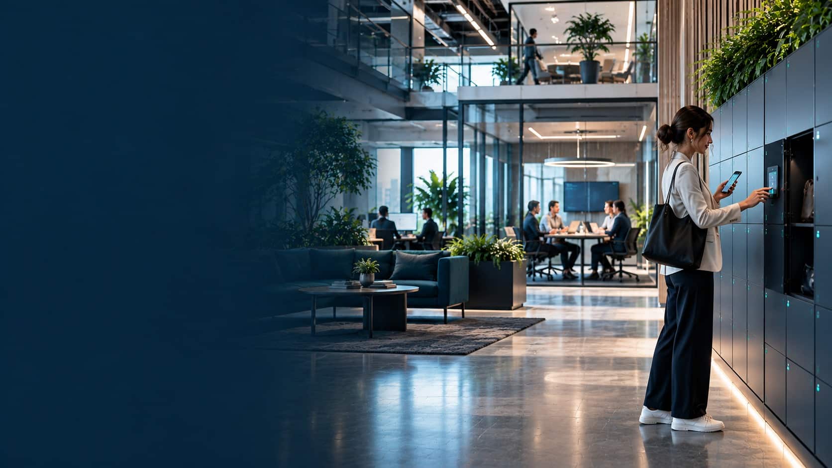 Modern workplace with an employee using smart lockers