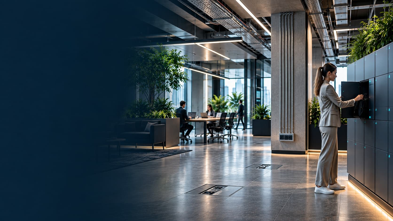 Modern office with electrical infrastructure and smart lockers