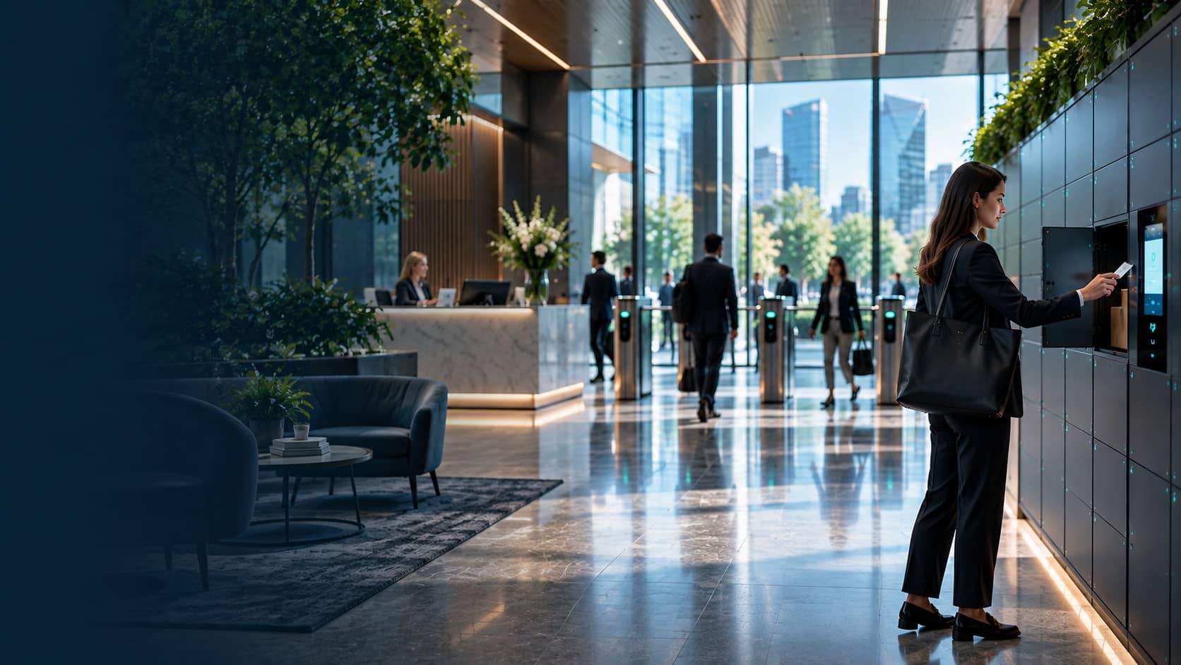 Modern workplace lobby with an employee using smart lockers